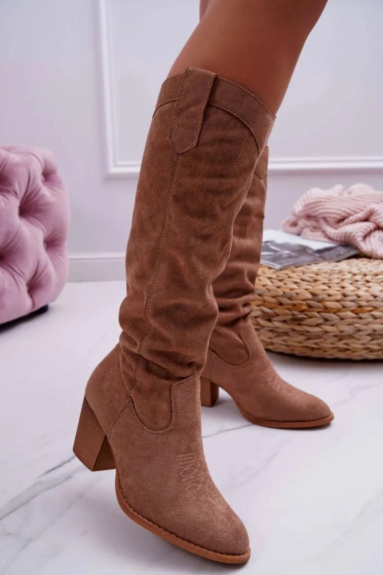 Kozaki Damskie Na Słupku Do Kolana Zamszowe Beżowe Lemane