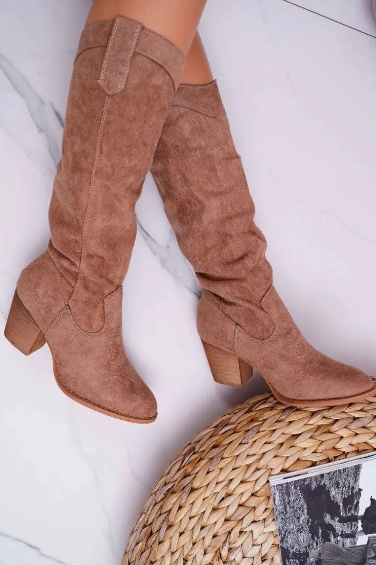 Kozaki Damskie Na Słupku Do Kolana Zamszowe Beżowe Lemane