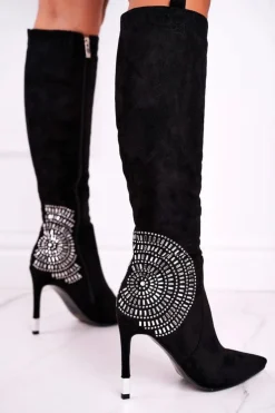 Kozaki Damskie Na Słupku Do Kolana Czarne Fashionable