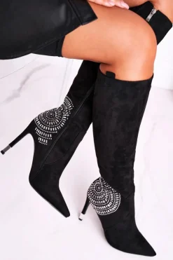 Kozaki Damskie Na Słupku Do Kolana Czarne Fashionable