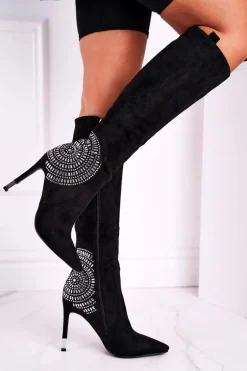 Kozaki Damskie Na Słupku Do Kolana Czarne Fashionable