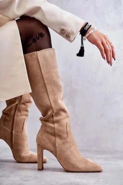 Kozaki Damskie Na Słupku Do Kolana Ciemnobeżowe Truly Love