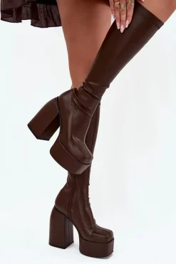 Kozaki Damskie Na Słupku I Platformie Czekoladowe Yavira