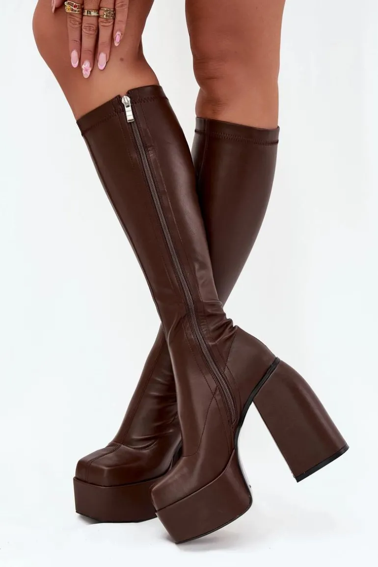 Kozaki Damskie Na Słupku I Platformie Czekoladowe Yavira