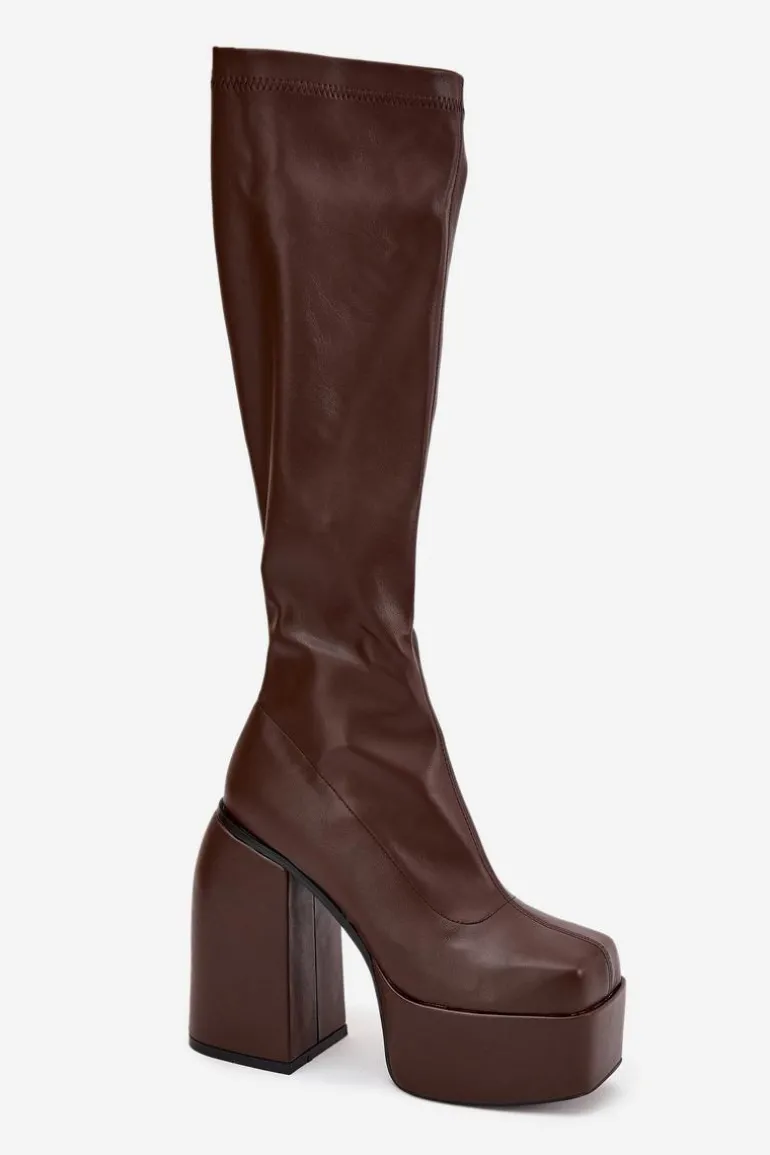 Kozaki Damskie Na Słupku I Platformie Czekoladowe Yavira