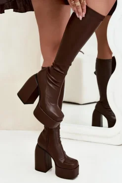 Kozaki Damskie Na Słupku I Platformie Czekoladowe Yavira