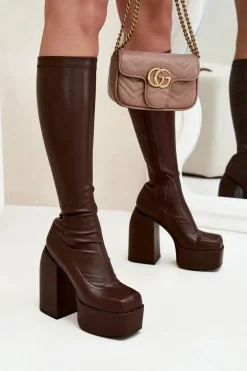 Kozaki Damskie Na Słupku I Platformie Czekoladowe Yavira