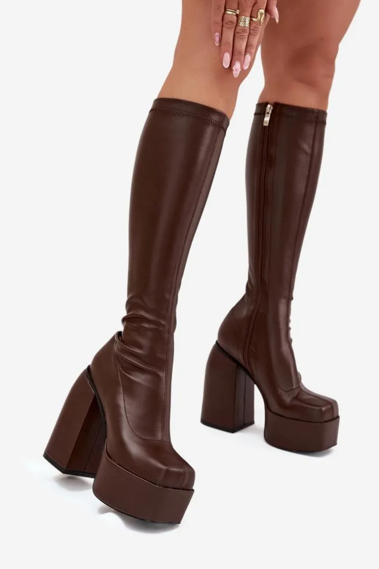 Kozaki Damskie Na Słupku I Platformie Czekoladowe Yavira