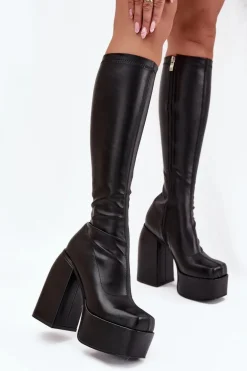 Kozaki Damskie Na Słupku I Platformie Czarne Yavira