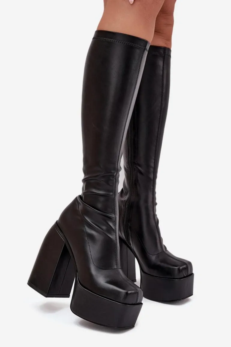 Kozaki Damskie Na Słupku I Platformie Czarne Yavira