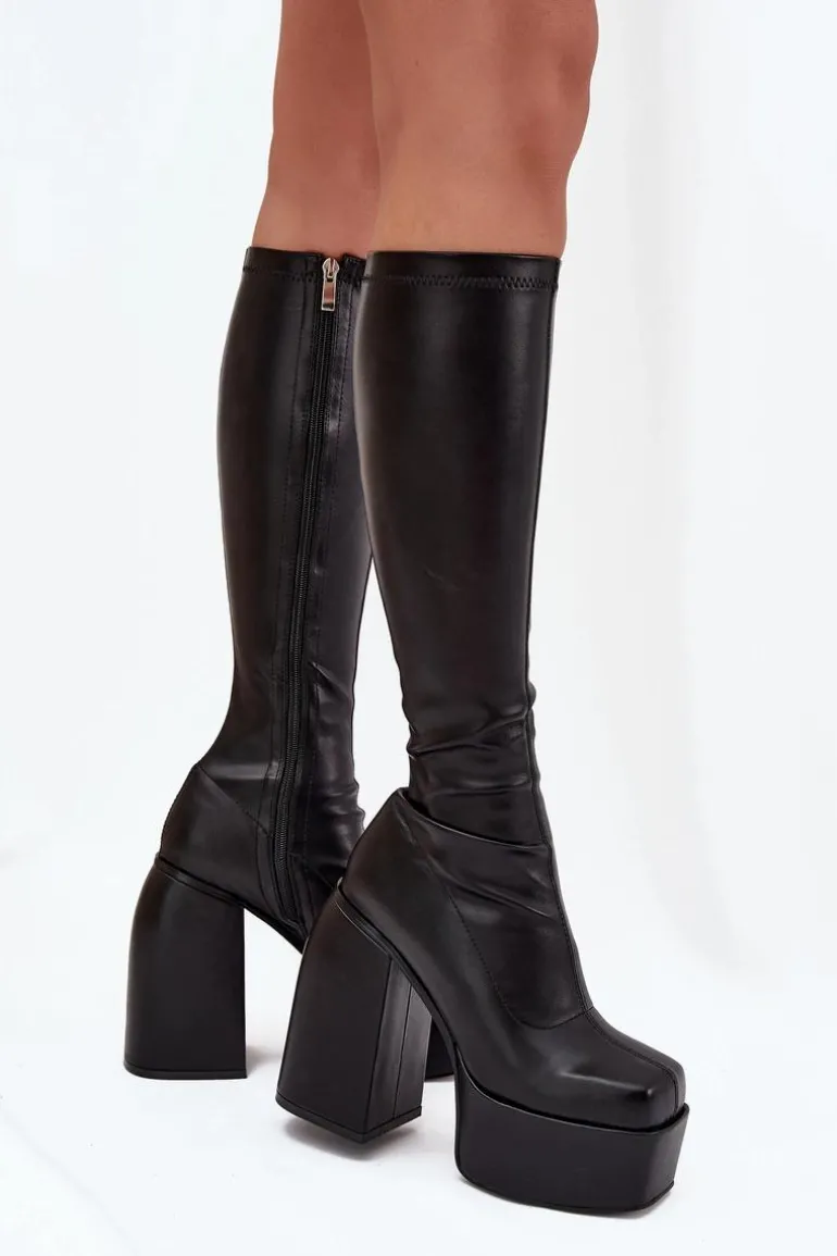 Kozaki Damskie Na Słupku I Platformie Czarne Yavira