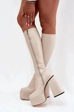 Kozaki Damskie Na Słupku I Platformie Jasnobeżowe Yavira