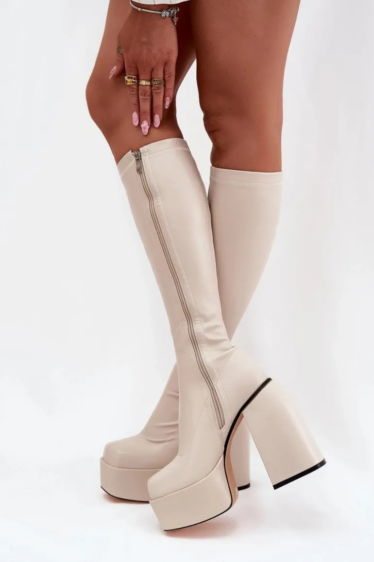 Kozaki Damskie Na Słupku I Platformie Jasnobeżowe Yavira