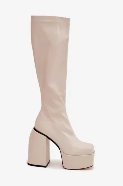 Kozaki Damskie Na Słupku I Platformie Jasnobeżowe Yavira