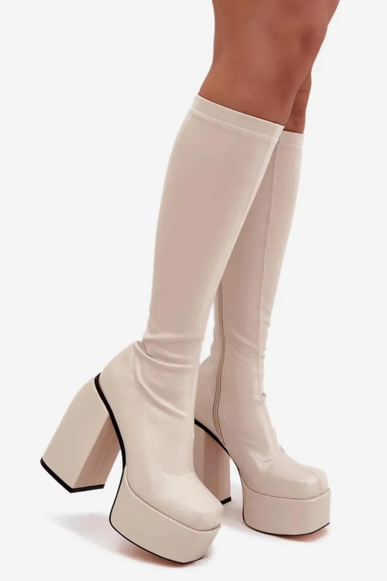 Kozaki Damskie Na Słupku I Platformie Jasnobeżowe Yavira