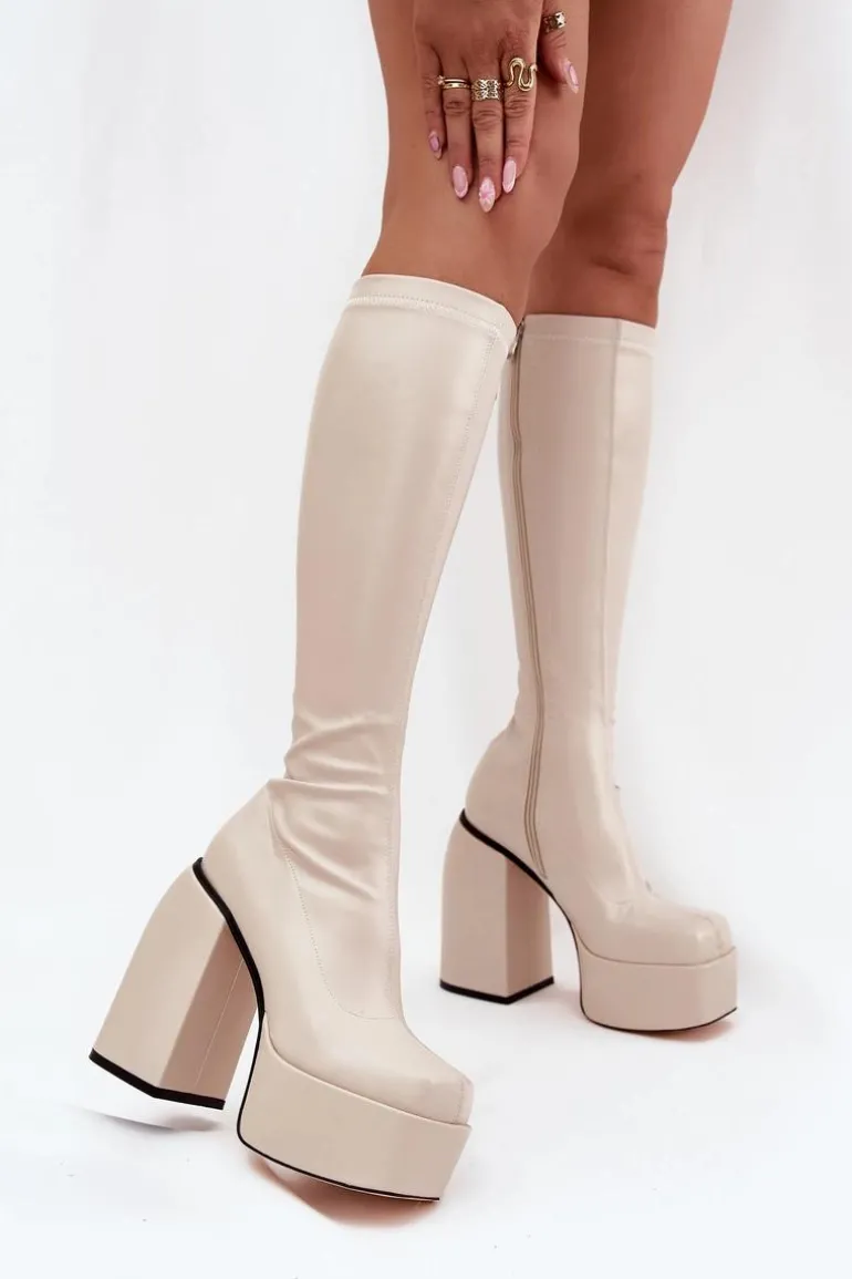 Kozaki Damskie Na Słupku I Platformie Jasnobeżowe Yavira