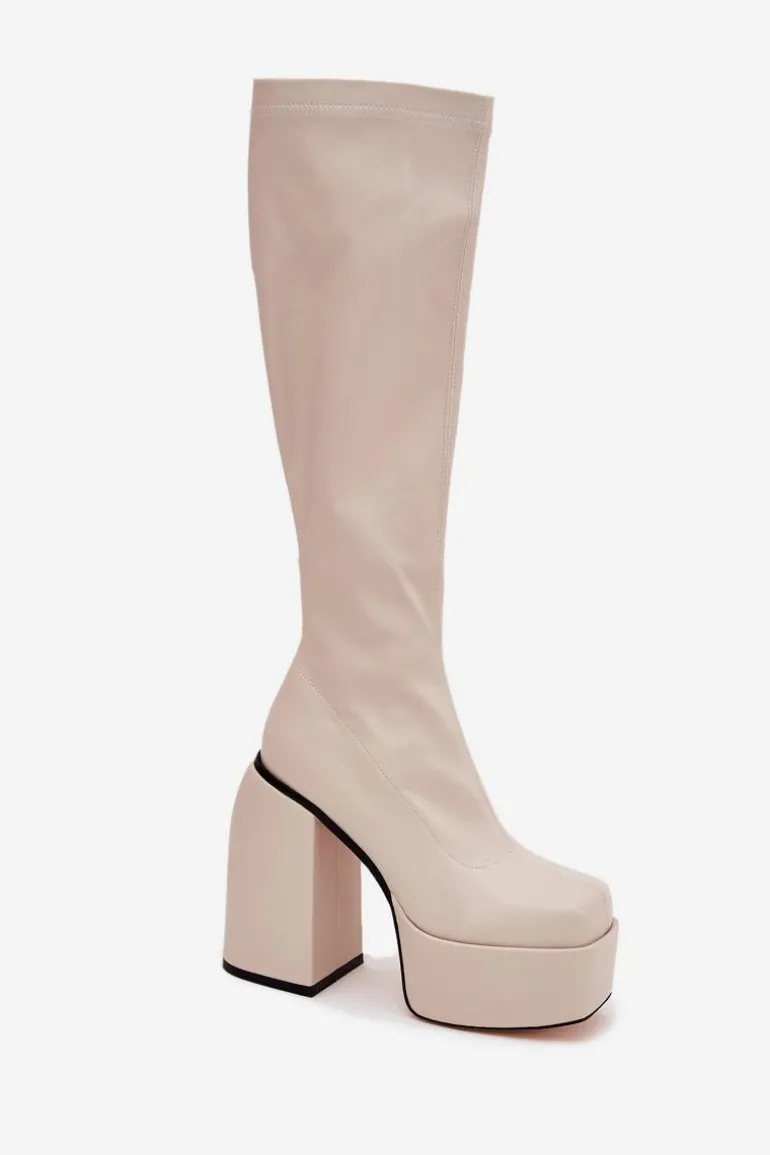 Kozaki Damskie Na Słupku I Platformie Jasnobeżowe Yavira