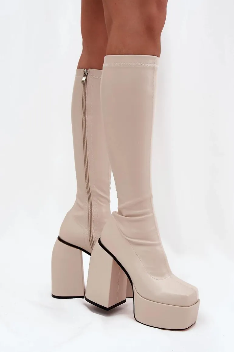 Kozaki Damskie Na Słupku I Platformie Jasnobeżowe Yavira