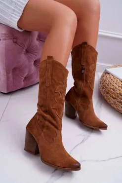 Kozaki Damskie Na Słupku Kowbojki Camel Brunt