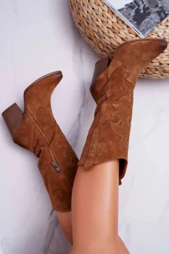 Kozaki Damskie Na Słupku Kowbojki Camel Brunt