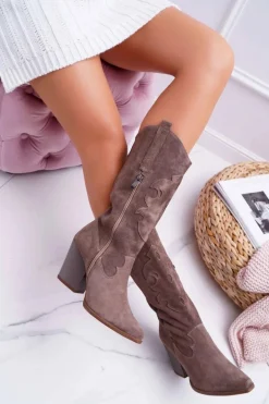 Kozaki Damskie Na Słupku Kowbojki Cappuccino Brunt