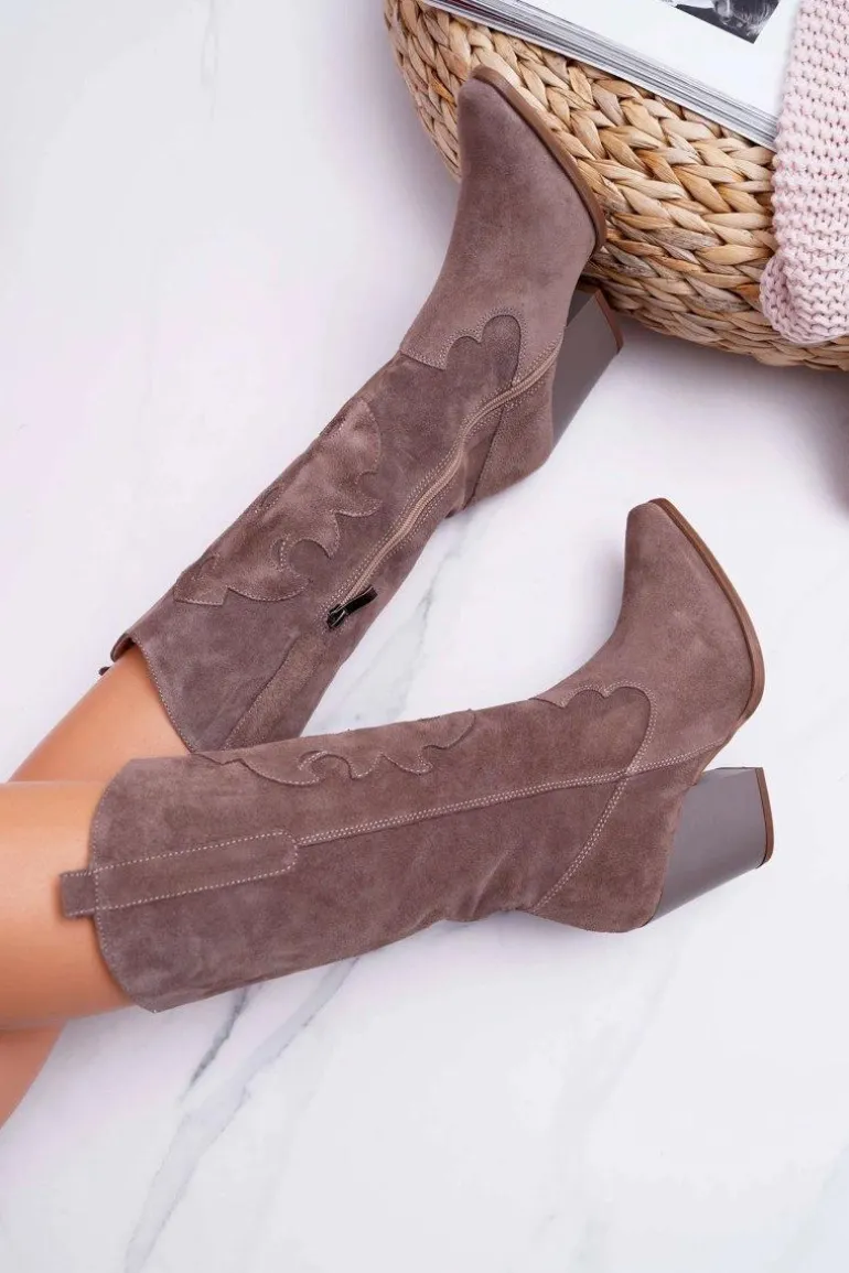 Kozaki Damskie Na Słupku Kowbojki Cappuccino Brunt