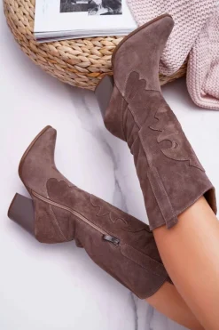 Kozaki Damskie Na Słupku Kowbojki Cappuccino Brunt