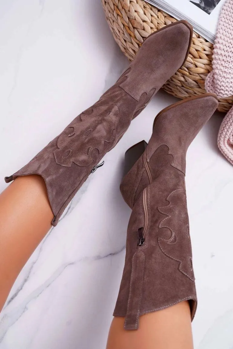 Kozaki Damskie Na Słupku Kowbojki Cappuccino Brunt