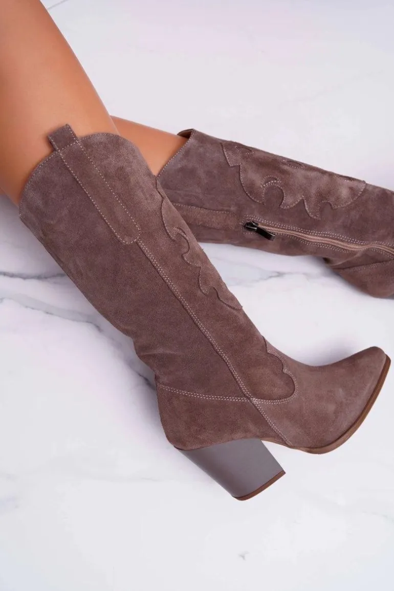 Kozaki Damskie Na Słupku Kowbojki Cappuccino Brunt