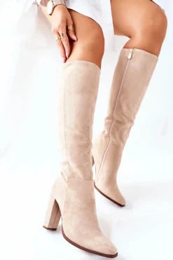 Kozaki Damskie Na Słupku Ocieplane Beżowe Finner