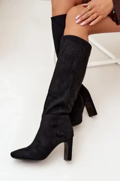 Kozaki Damskie Na Słupku Ocieplane Czarne Zamira