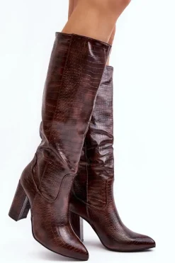 Kozaki Damskie Na Słupku Ocieplane Wężowy Wzór Brązowe Delul