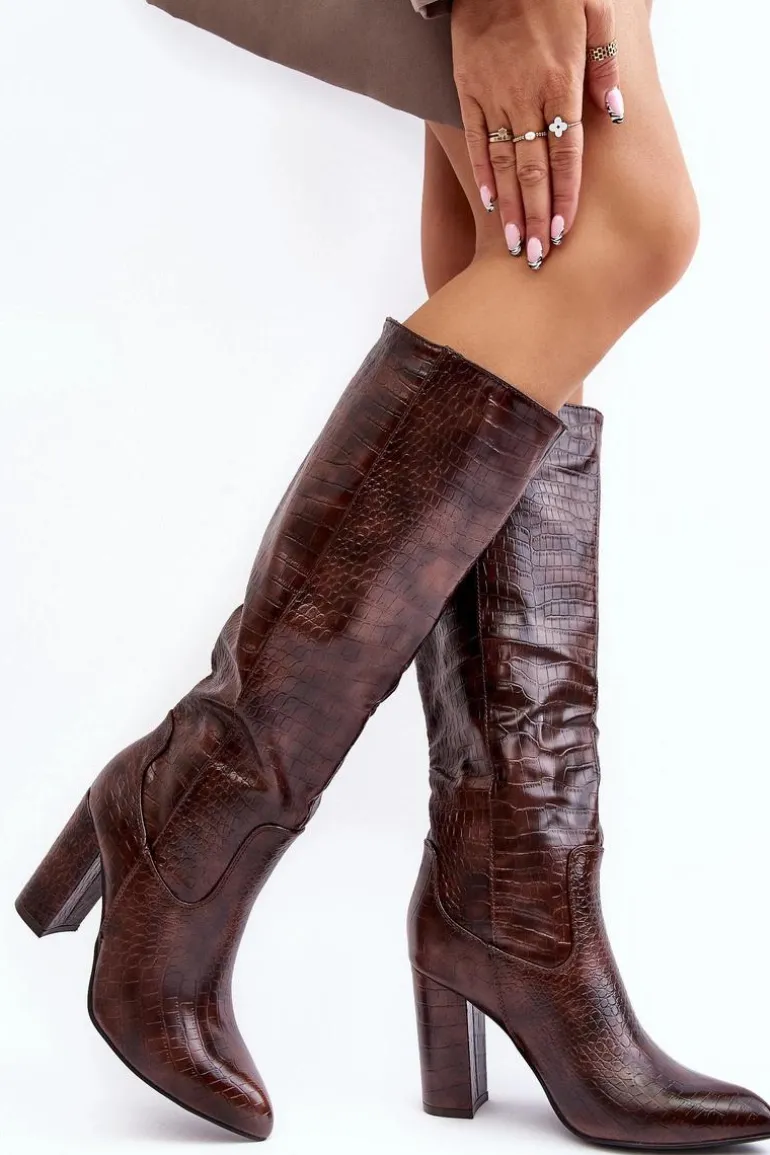 Kozaki Damskie Na Słupku Ocieplane Wężowy Wzór Brązowe Delul