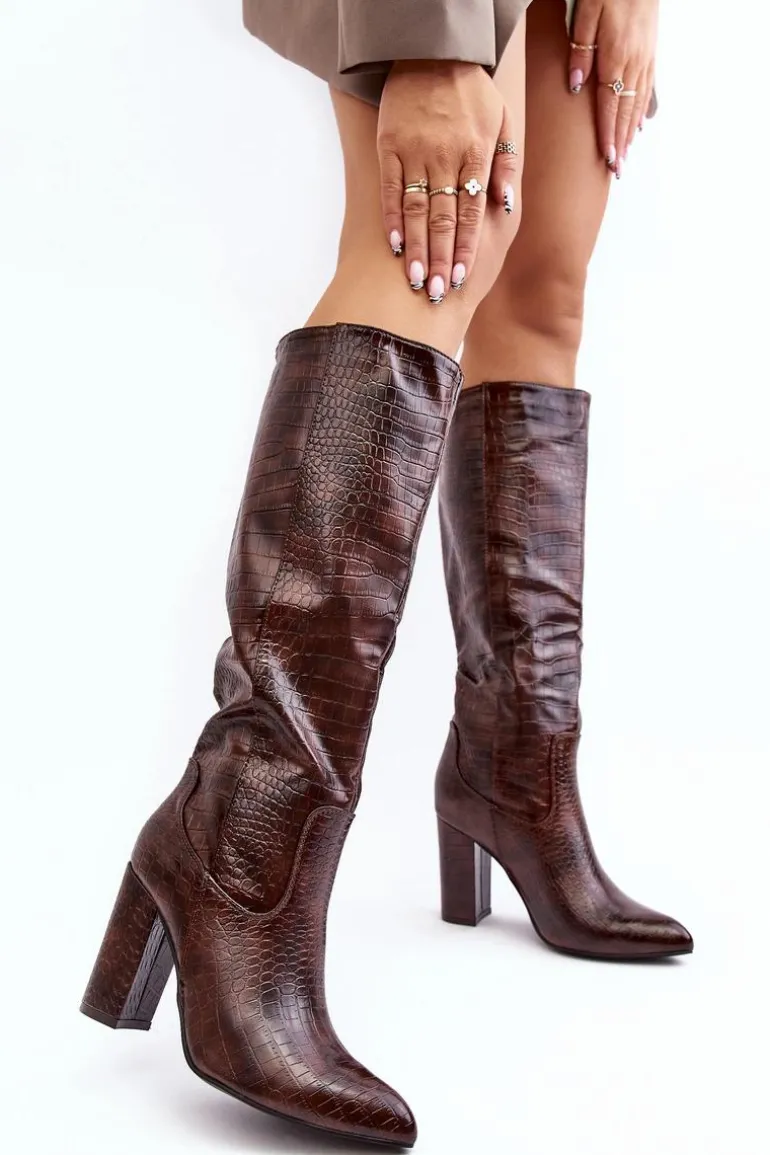 Kozaki Damskie Na Słupku Ocieplane Wężowy Wzór Brązowe Delul