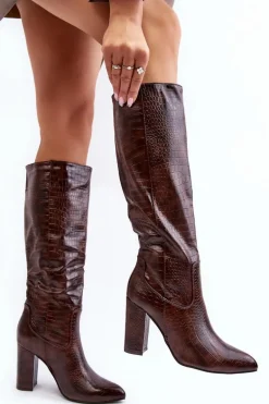 Kozaki Damskie Na Słupku Ocieplane Wężowy Wzór Brązowe Delul