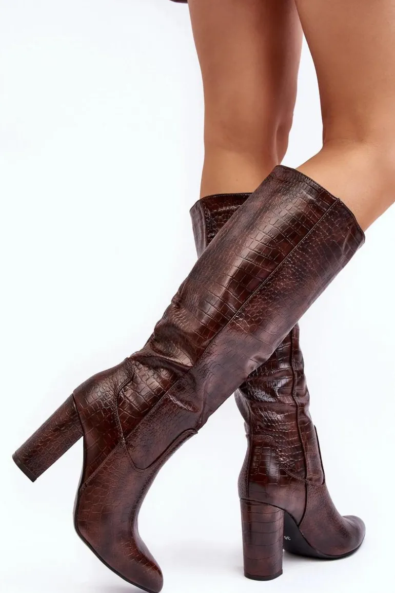 Kozaki Damskie Na Słupku Ocieplane Wężowy Wzór Brązowe Delul