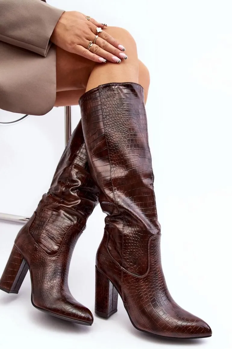 Kozaki Damskie Na Słupku Ocieplane Wężowy Wzór Brązowe Delul