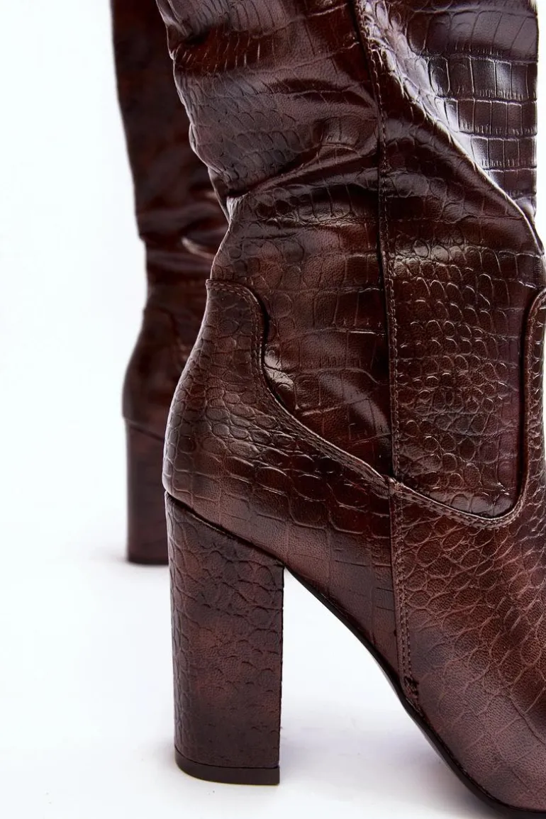 Kozaki Damskie Na Słupku Ocieplane Wężowy Wzór Brązowe Delul