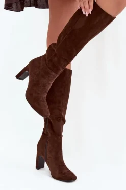 Kozaki Damskie Na Słupku Ocieplane Czekoladowe Zamira