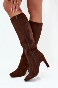 Kozaki Damskie Na Słupku Ocieplane Czekoladowe Zamira