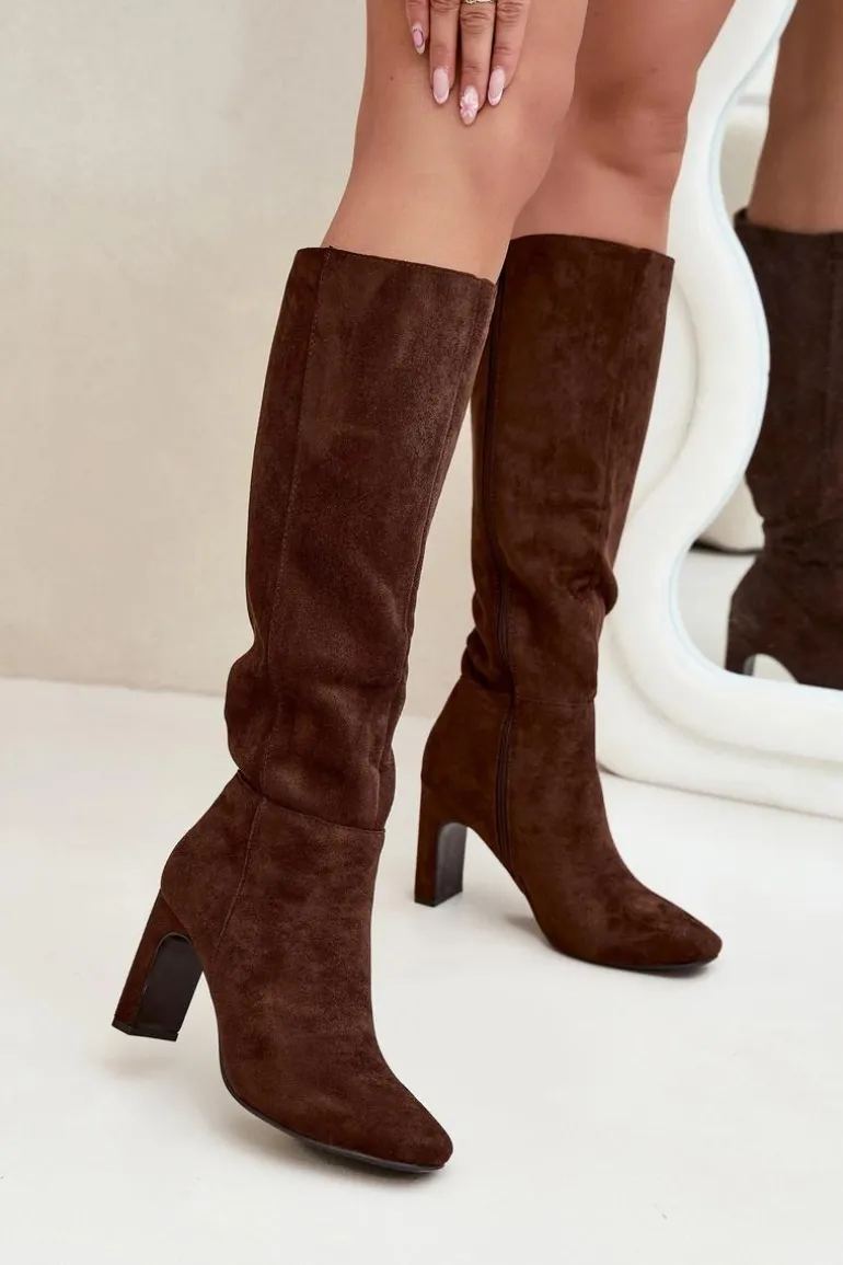 Kozaki Damskie Na Słupku Ocieplane Czekoladowe Zamira