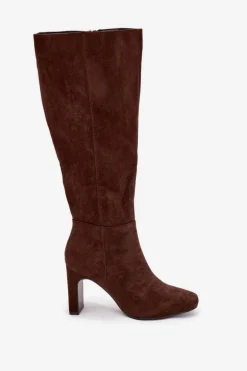 Kozaki Damskie Na Słupku Ocieplane Czekoladowe Zamira