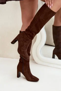 Kozaki Damskie Na Słupku Ocieplane Czekoladowe Zamira