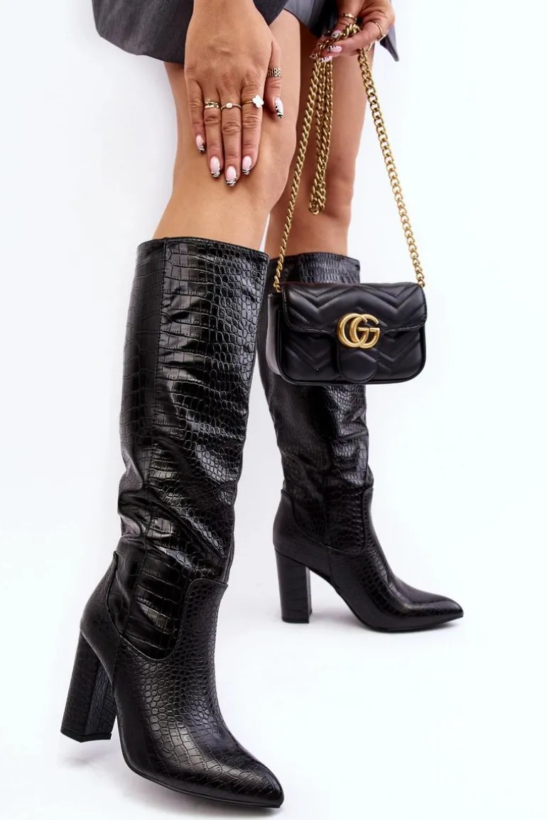 Kozaki Damskie Na Słupku Ocieplane Wężowy Wzór Czarne Delul