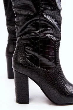 Kozaki Damskie Na Słupku Ocieplane Wężowy Wzór Czarne Delul