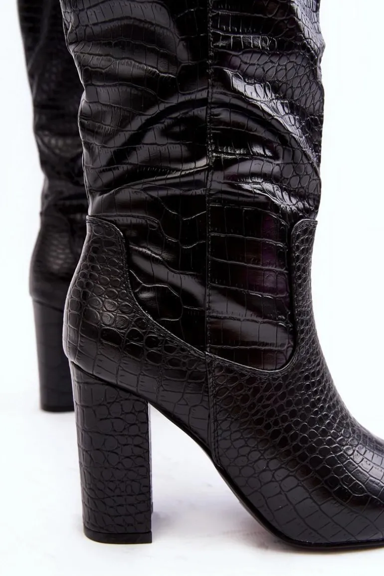 Kozaki Damskie Na Słupku Ocieplane Wężowy Wzór Czarne Delul