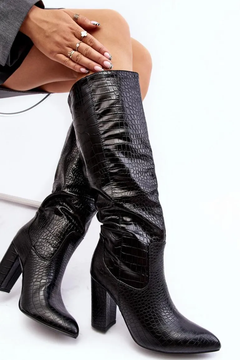 Kozaki Damskie Na Słupku Ocieplane Wężowy Wzór Czarne Delul