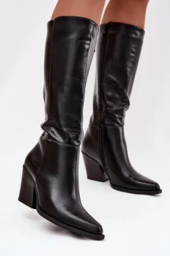 Kozaki Damskie Na Słupku Ocieplane Czarne Katelle