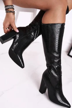 Kozaki Damskie Na Słupku Ocieplane Czarne Belvim