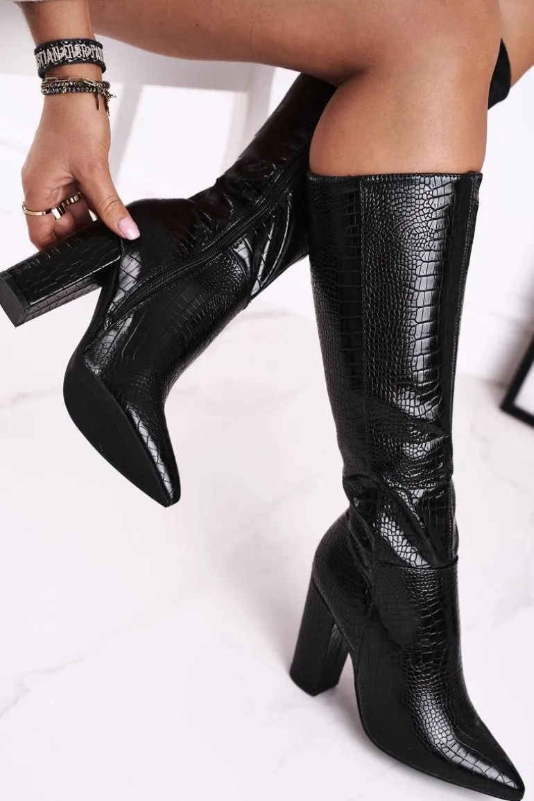 Kozaki Damskie Na Słupku Ocieplane Czarne Belvim